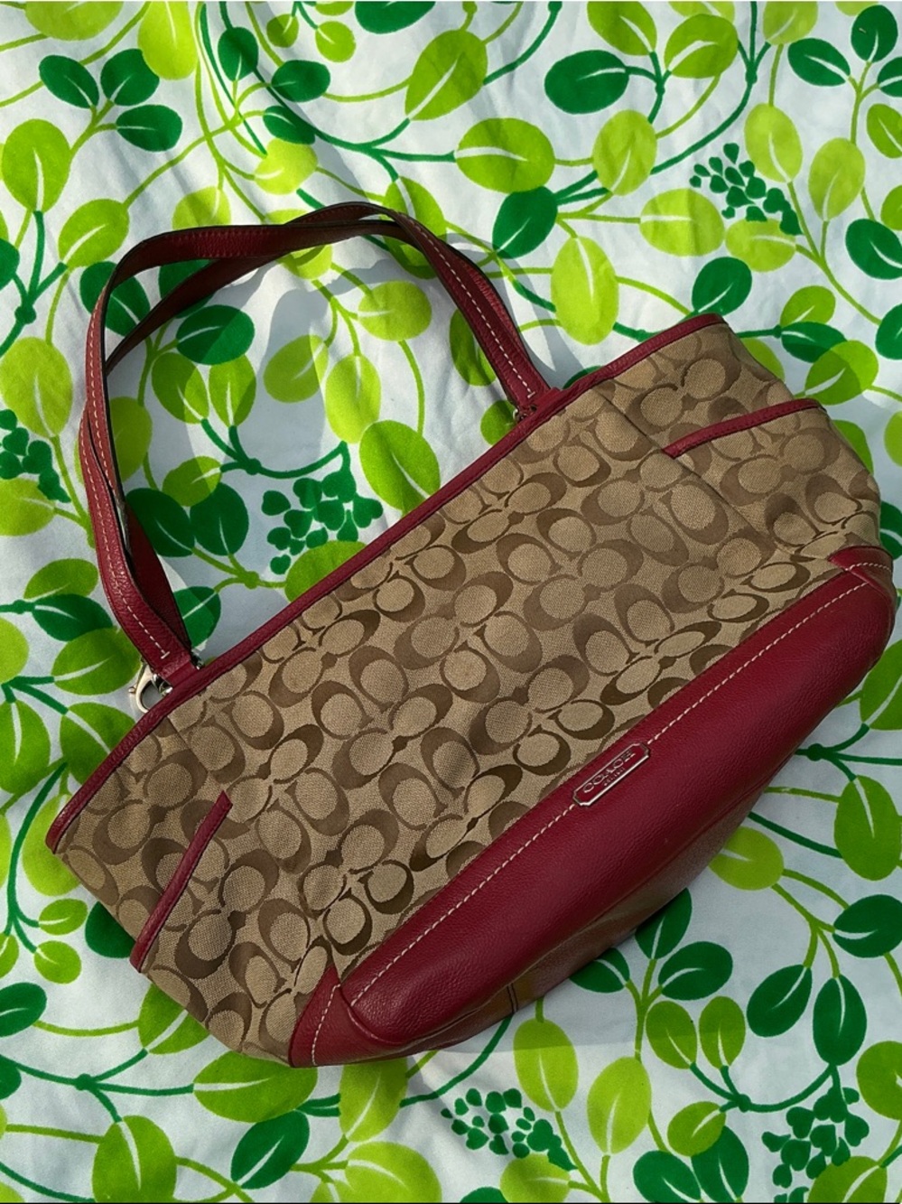 Coach Tote Handbag Park Signiture Carrier J1321-F23297 Large Khaki Red Leather - Picture 4 of 17